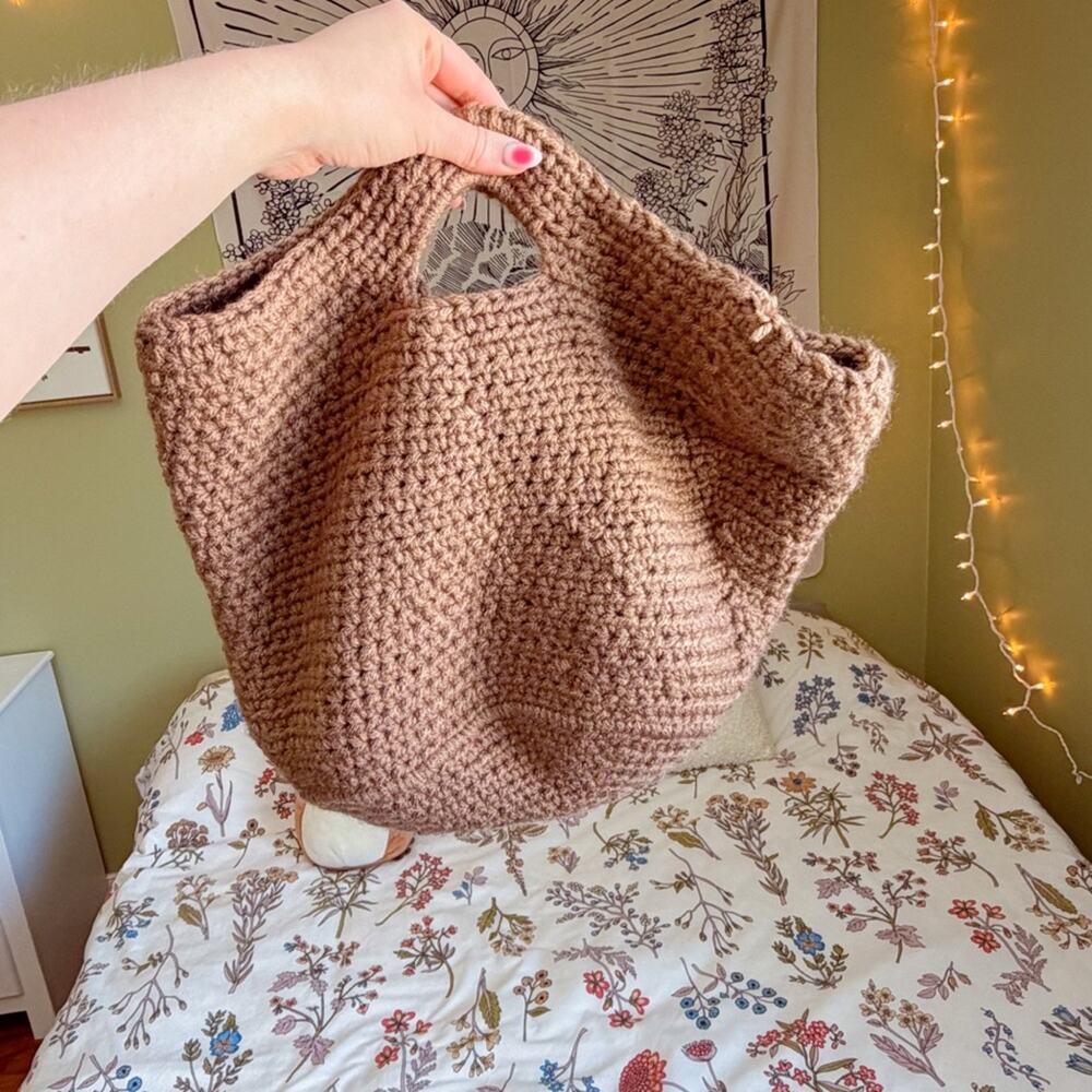 Handmade Crochet Tote Bag Mocha Brown Boho Market Bag 11x10 in